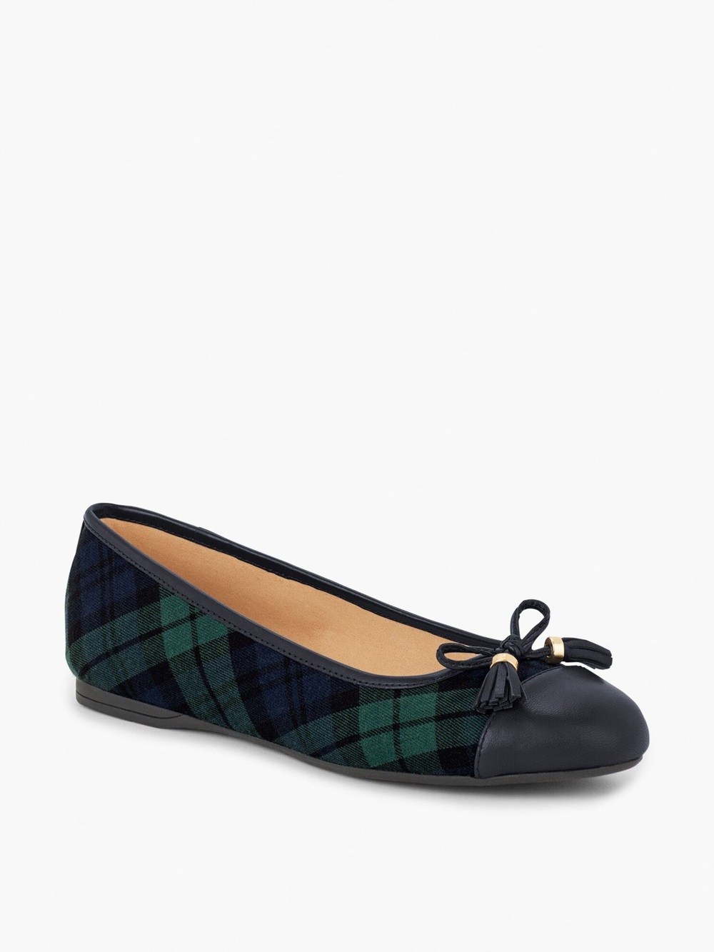 Never worn!  Talbots Black and Green Plaid Tassel Ballet Flats